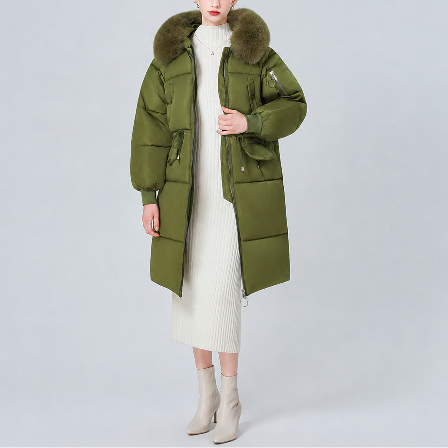 Veluna Padded Winter Coat - Plush Hood Trim Women's Coat