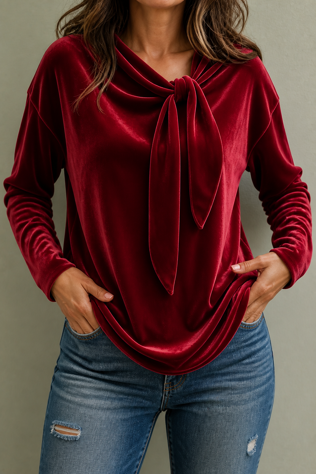 Tievelle - Velvet Tie-Neck Relaxed Women's Blouse