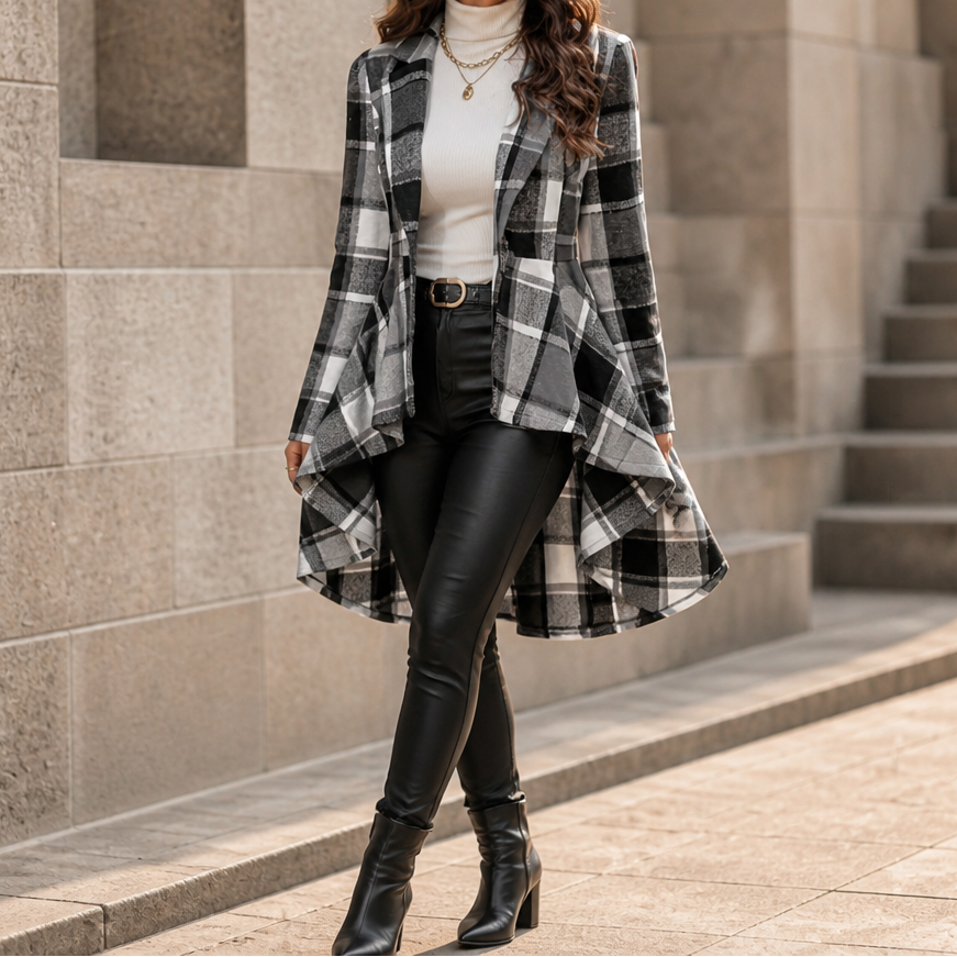 Cinchella Plaid Peplum Coat - Women's High Low Waist Coat
