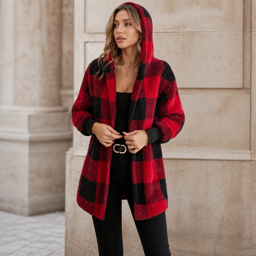 Plaidelle Plaid Hooded Cardigan - Oversized Women's Fleece