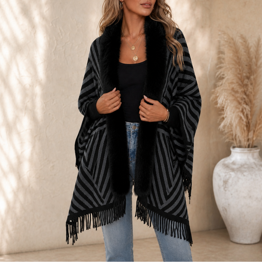 Velmora Fringed Poncho Cardigan - Women's Faux Fur Trim