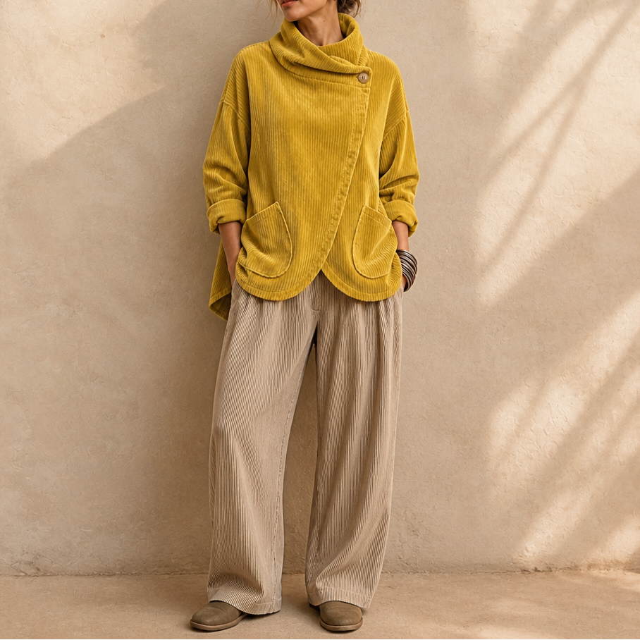 Draperly Corduroy Poncho - Hooded Women's Asymmetric Top