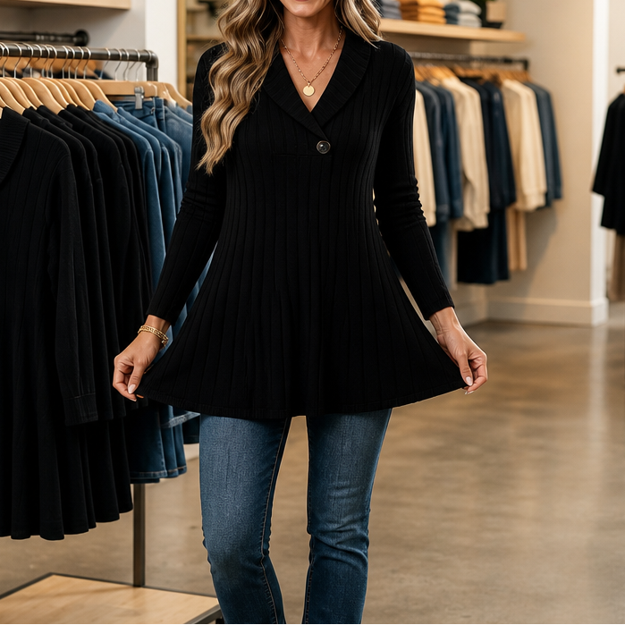 Curvella Ribbed V-Neck Top - Women's Slim Knit Top