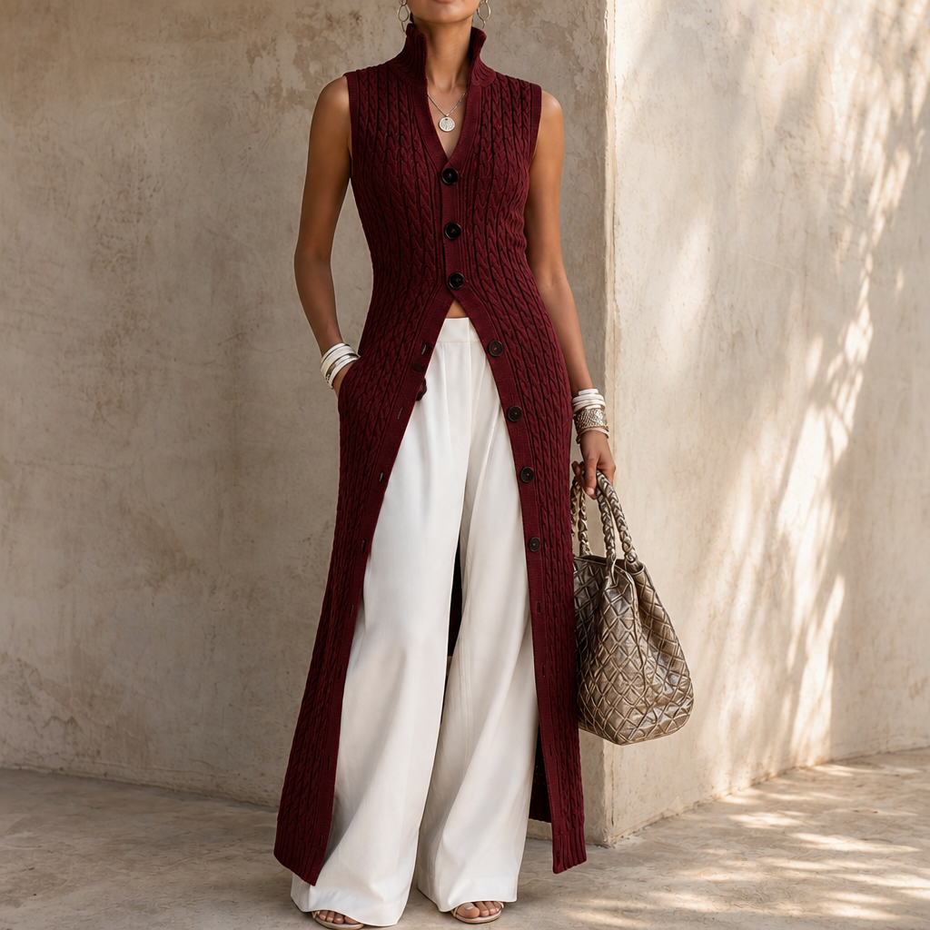 Elara Knit Longline Waistcoat - Cable-Knit Look Women's