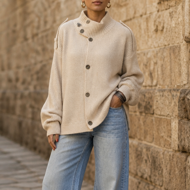 Diavelle High-Collar Cardigan - Diagonal Button Women's
