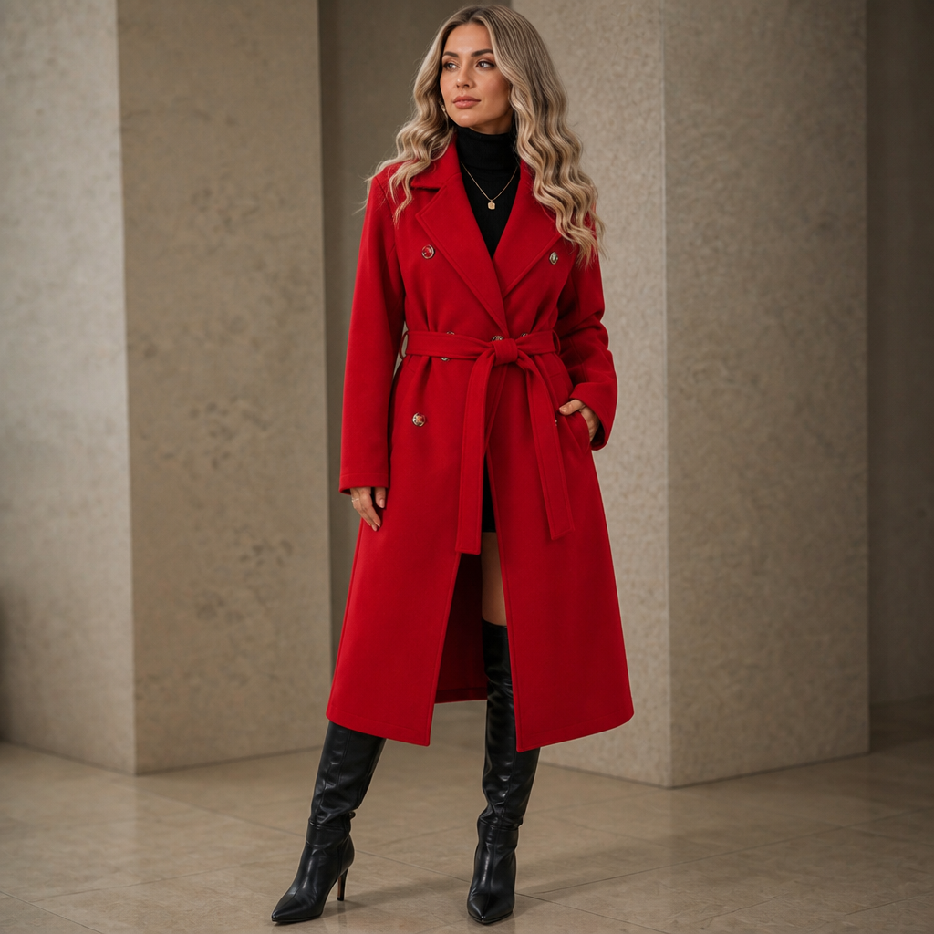 Belted Belle Long Coat - Double-Breasted Women's Coat