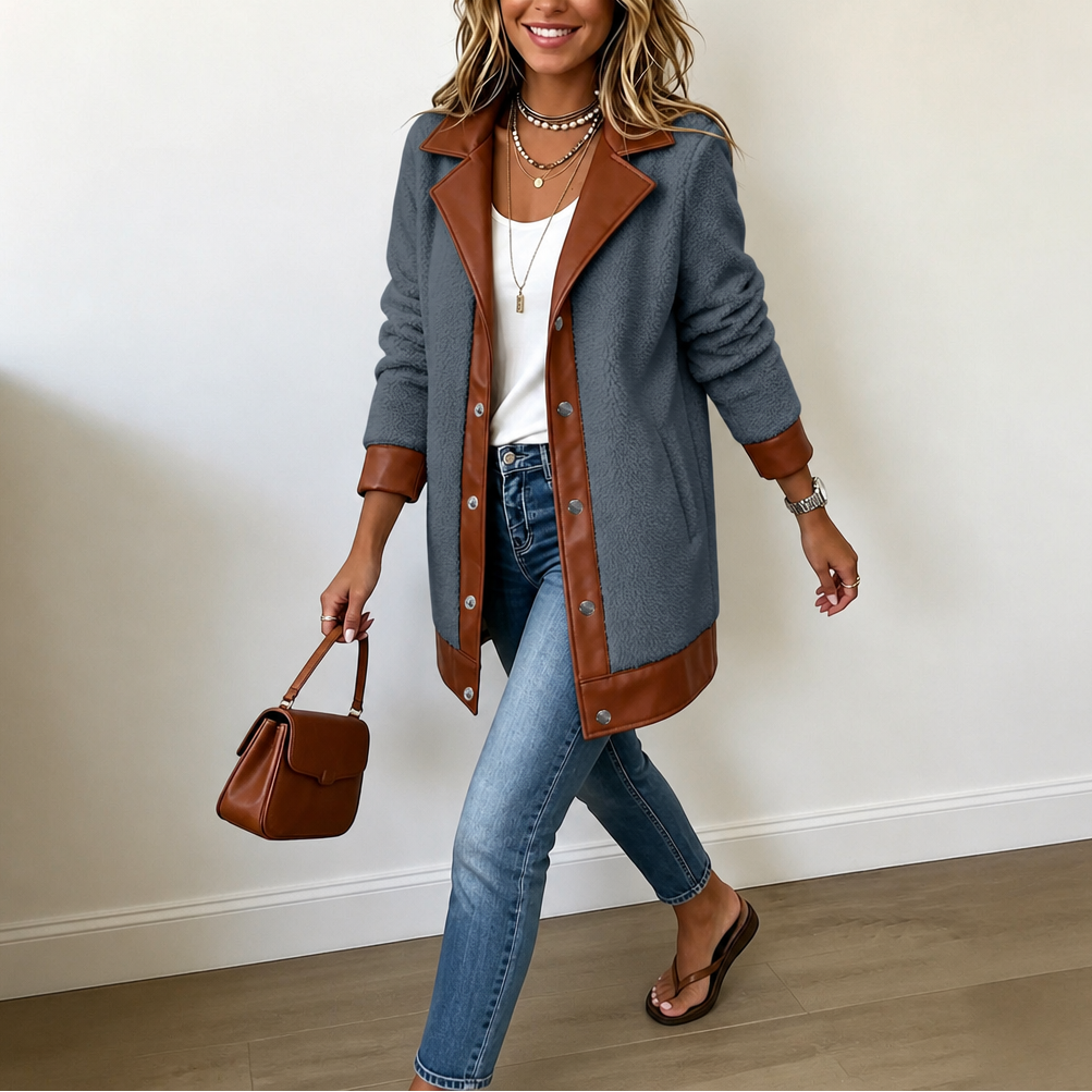Plushlynn Teddy Coat - Women's Faux Leather Trim Long Coat