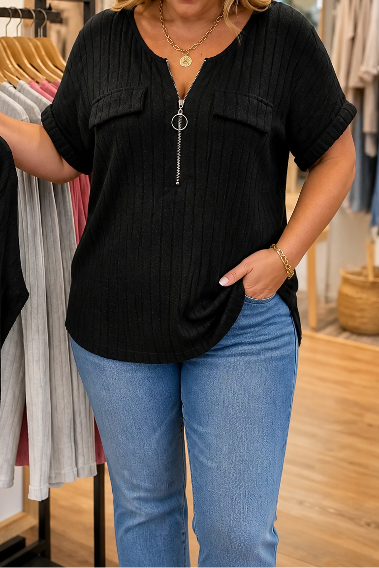 Veloura Zip-Neck Knit Top - Women's Ribbed Jumper