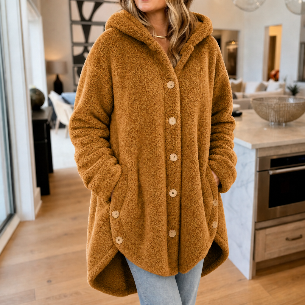 Veluna Hooded Fleece Coat - Asymmetric Button Women's Coat