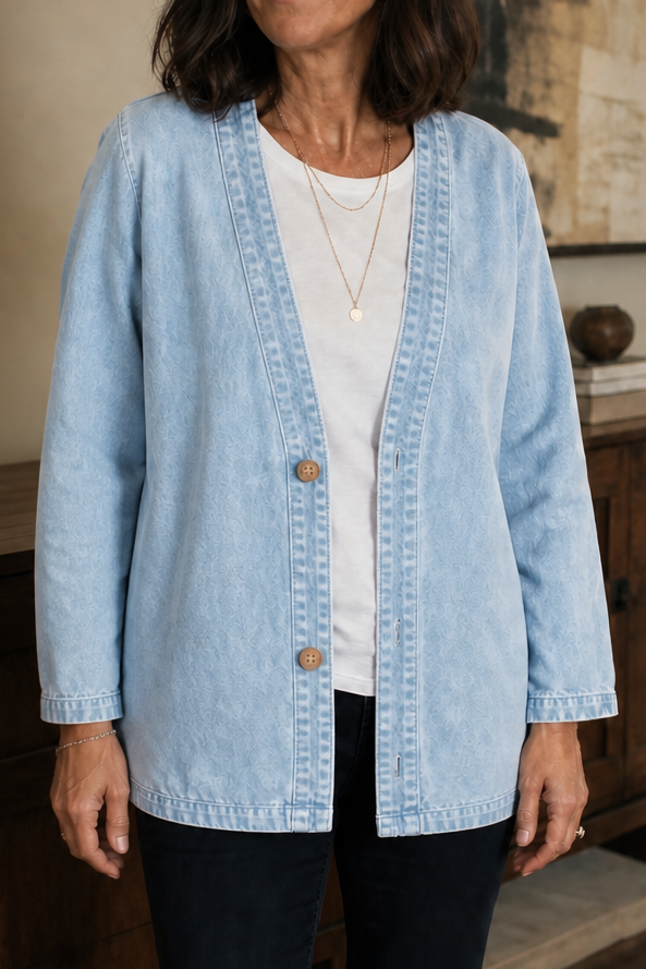 Corriveau Denim-Look Jacket - Washed V-Neck Women's Jacket