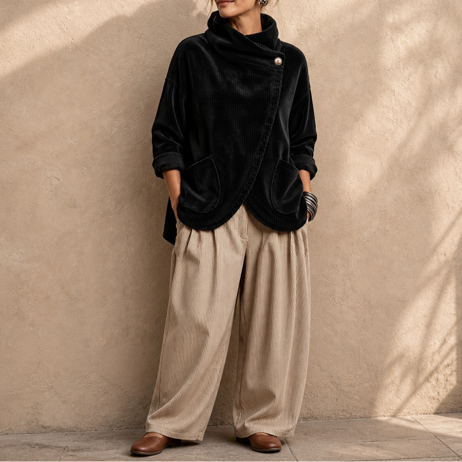 Draperly Corduroy Poncho - Hooded Women's Asymmetric Top