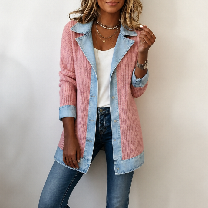 Ribova Ribbed Knit Coat - Women's Denim Panel Long Cardigan