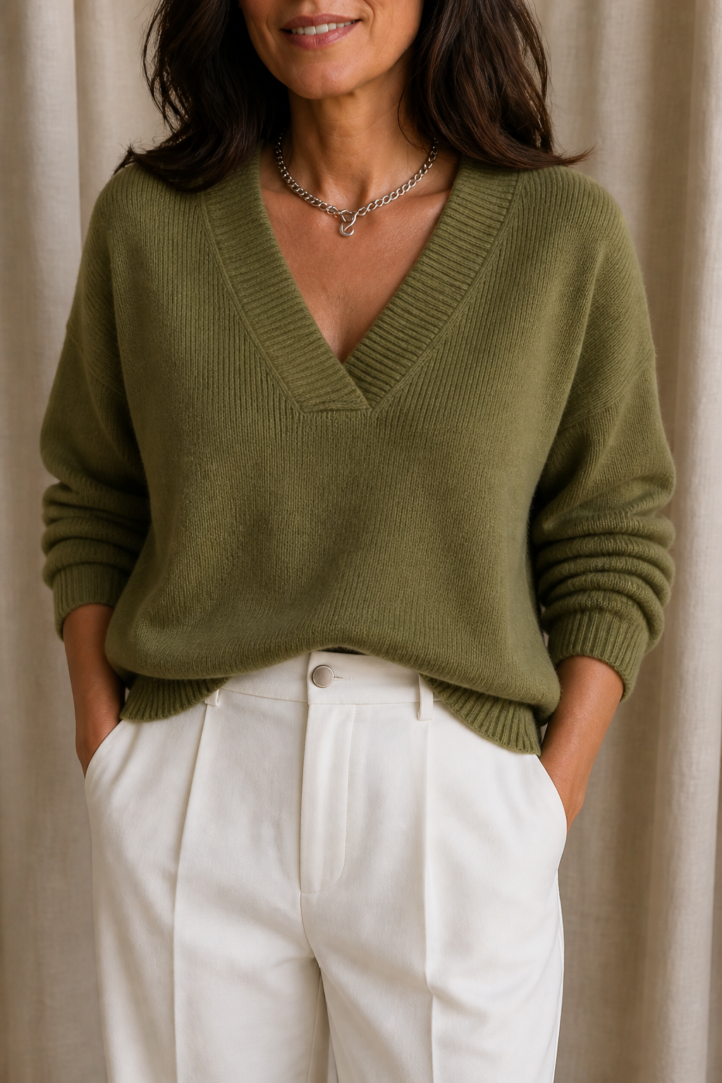 Softline - Ribbed V-Neck Relaxed Women's Knit Sweater