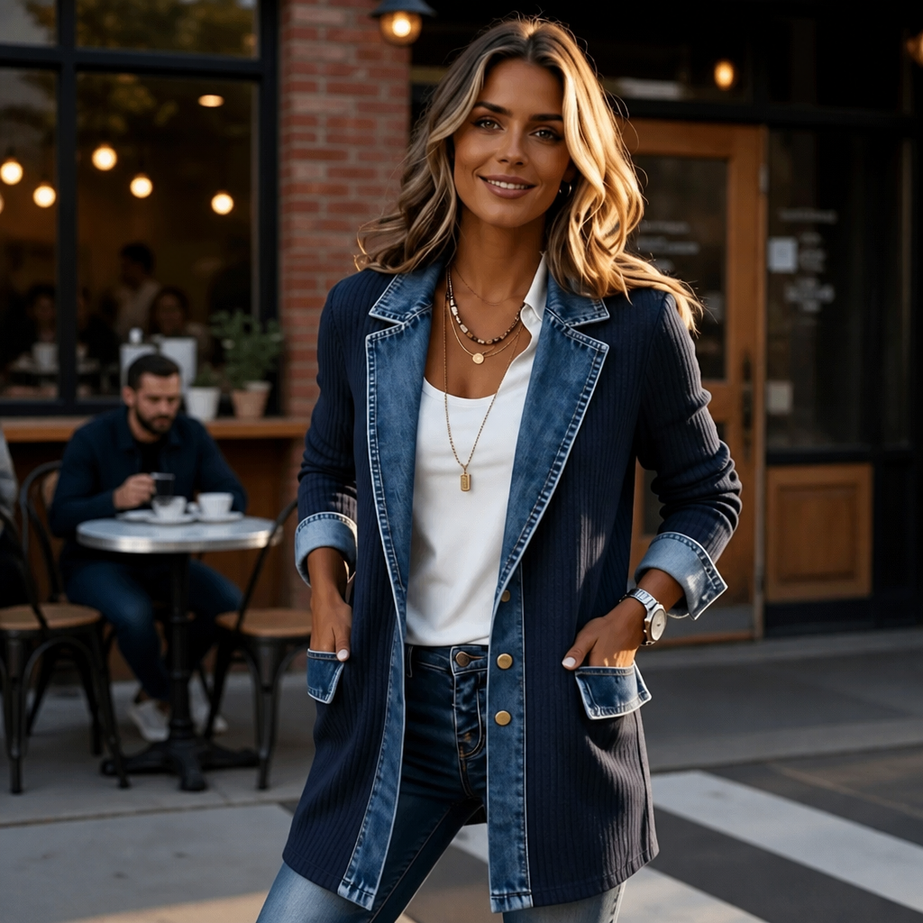 Wearbella Longline Jacket - Women's Denim Look Knit Jacket
