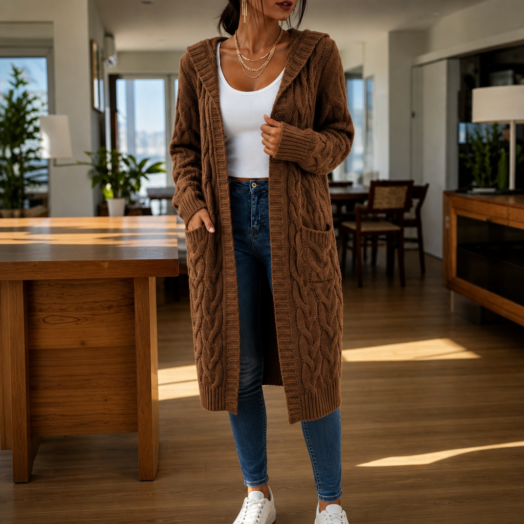Wrapetta Cable Knit Cardigan - Women's Longline Hooded Knit