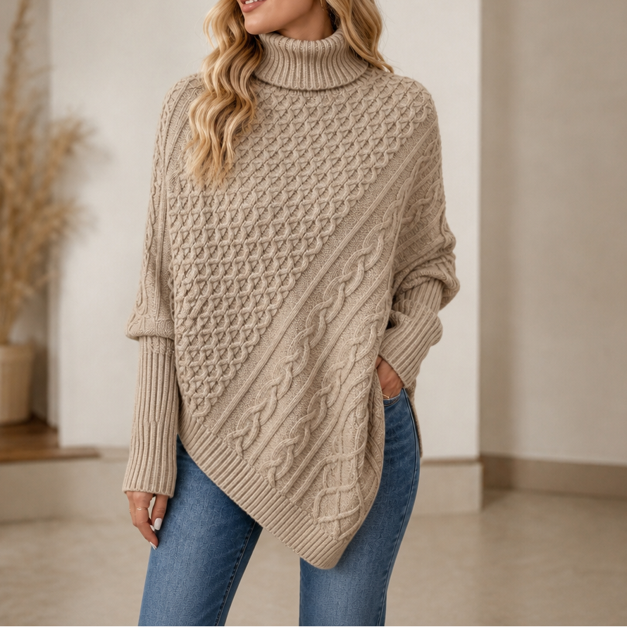 Cable & Cove Poncho Jumper - Women's Cable Knit Roll Neck