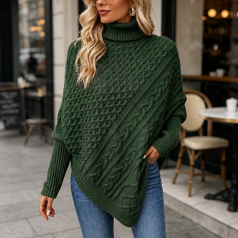 Cabelune Cable Knit Poncho - Women's Asymmetric Jumper