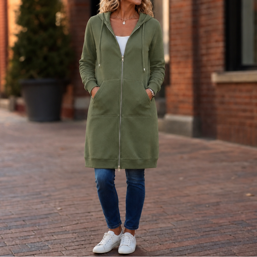 Wrapdown Long Hooded Jacket - Zip Up Women's Longline Coat