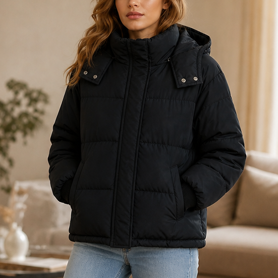 Veluna Cropped Puffer Jacket - Hooded Women's Short Coat