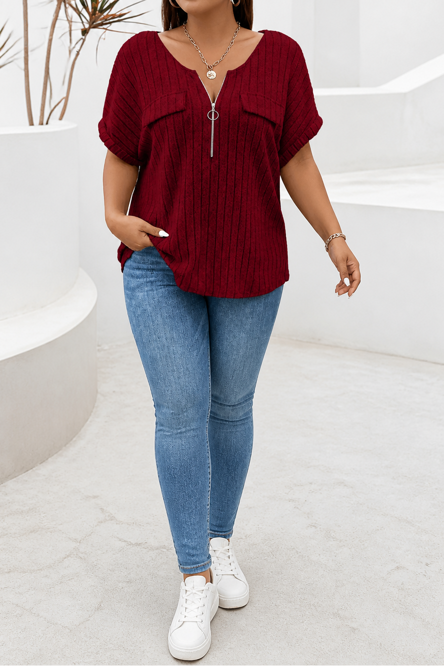Veloura Zip-Neck Knit Top - Women's Ribbed Jumper