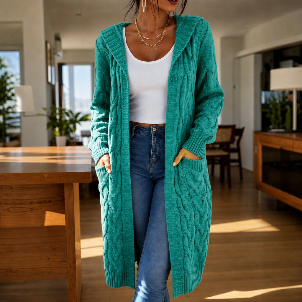 Wrapetta Cable Knit Cardigan - Women's Longline Hooded Knit