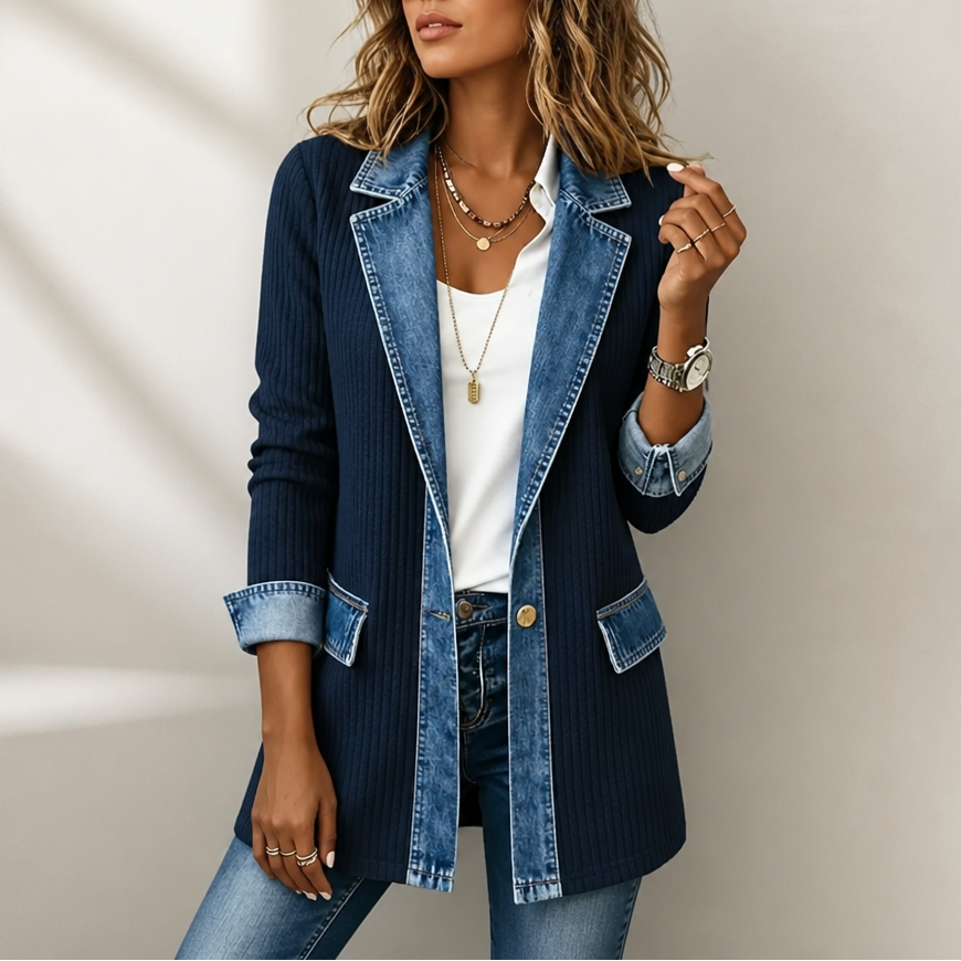 Ribova Ribbed Knit Coat - Women's Denim Panel Long Cardigan