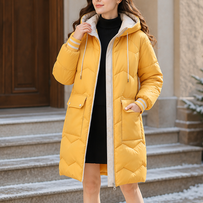 Cozyelle Puffer Coat - Hooded Mid-Length Women's Coat