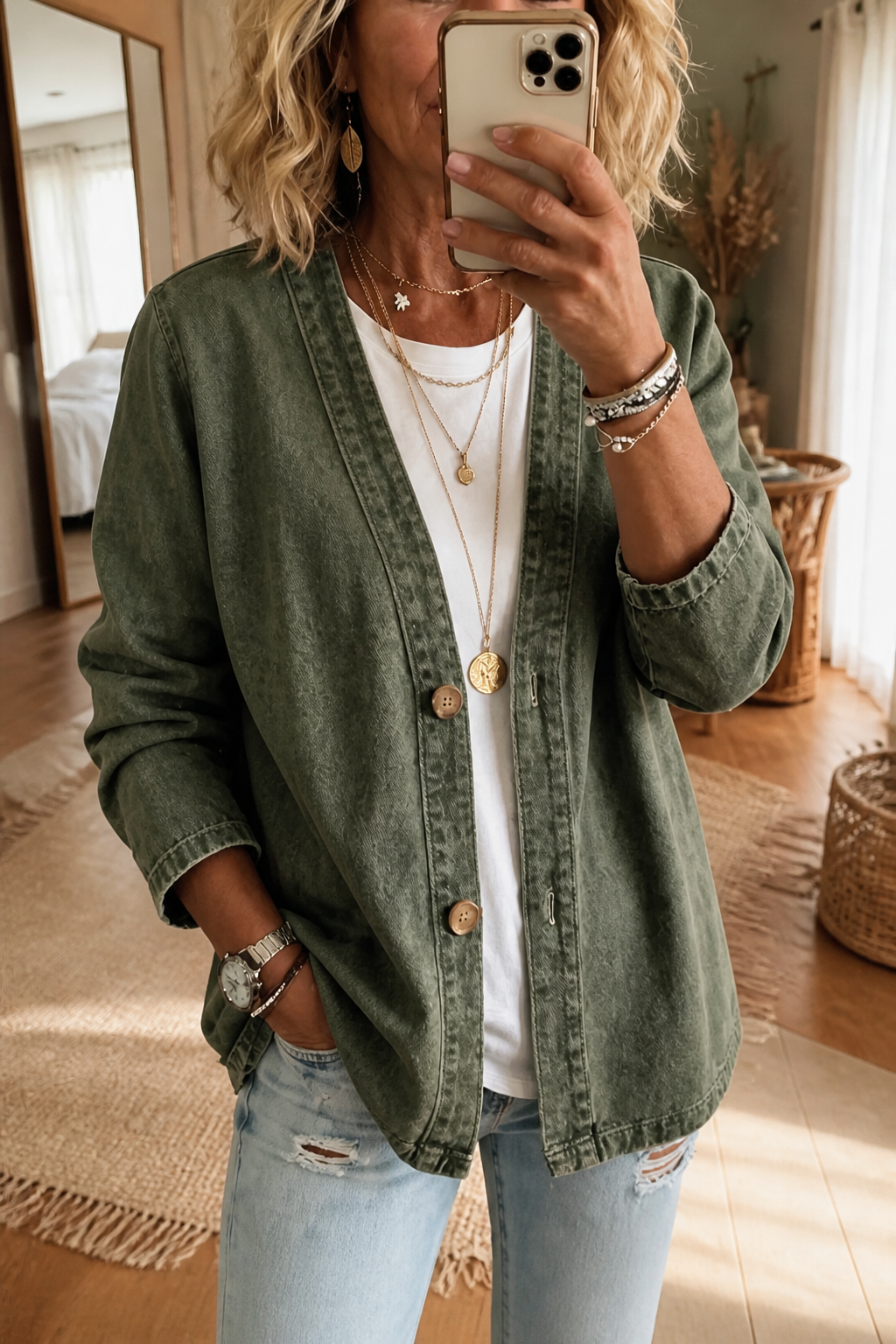 Corriveau Denim-Look Jacket - Washed V-Neck Women's Jacket