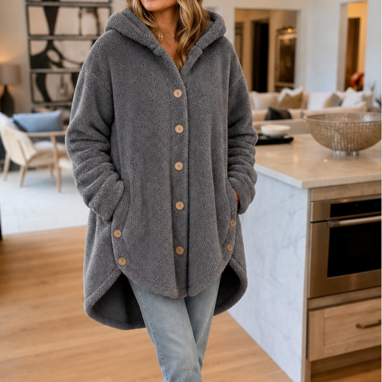 Veluna Hooded Fleece Coat - Asymmetric Button Women's Coat