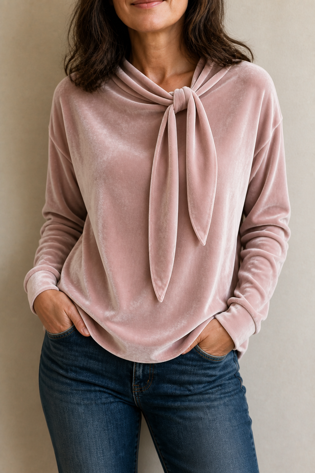 Tievelle - Velvet Tie-Neck Relaxed Women's Blouse