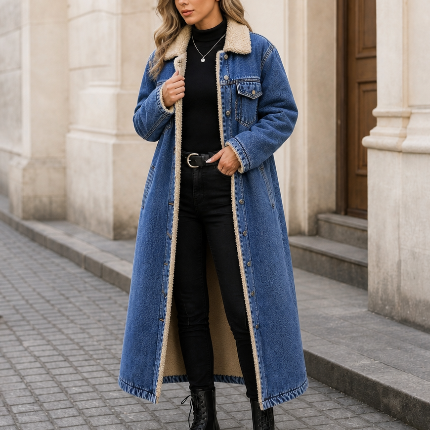 Denora Sherpa Lined Denim Coat - Women's Long Denim Coat