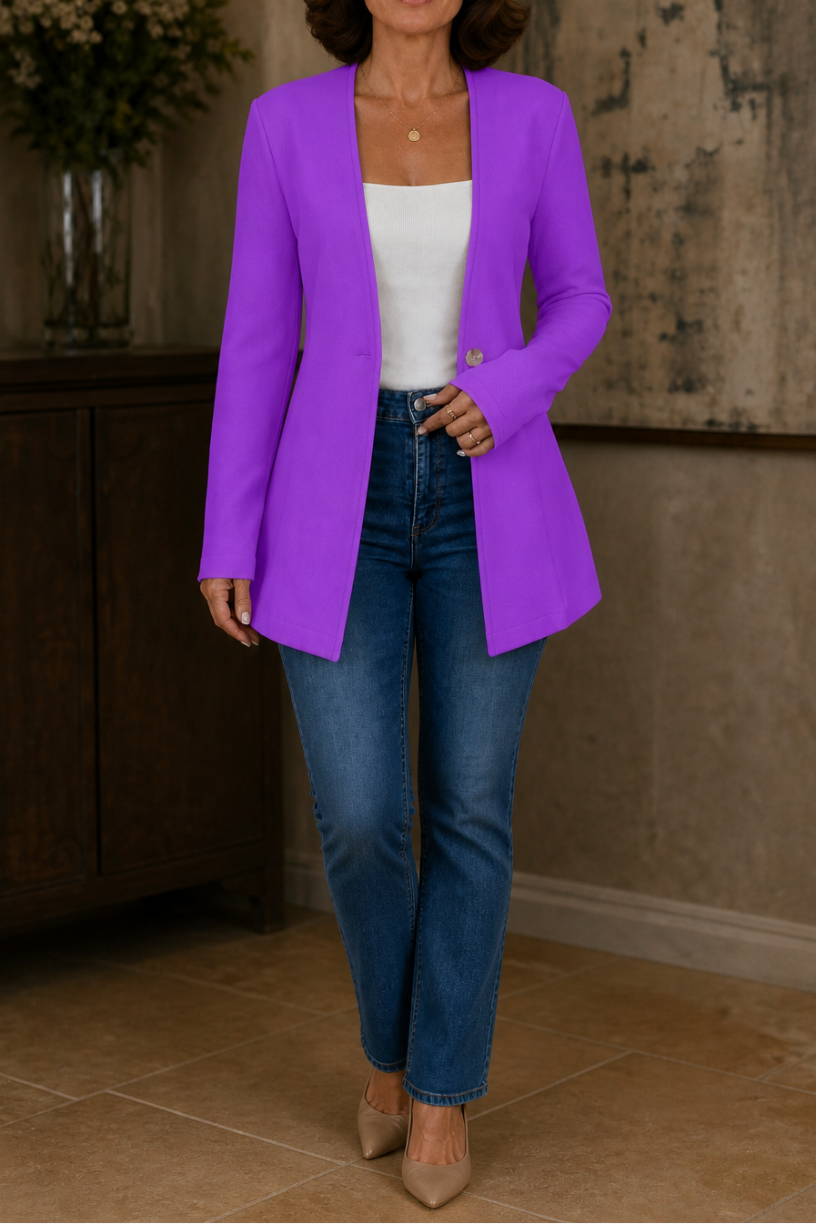 Linevalle A Line Blazer - Women's V Neck One Button Blazer