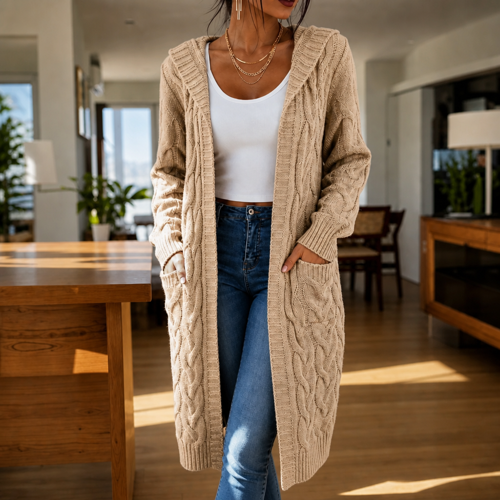 Wrapetta Cable Knit Cardigan - Women's Longline Hooded Knit