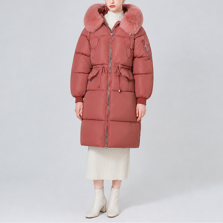 Veluna Padded Winter Coat - Plush Hood Trim Women's Coat