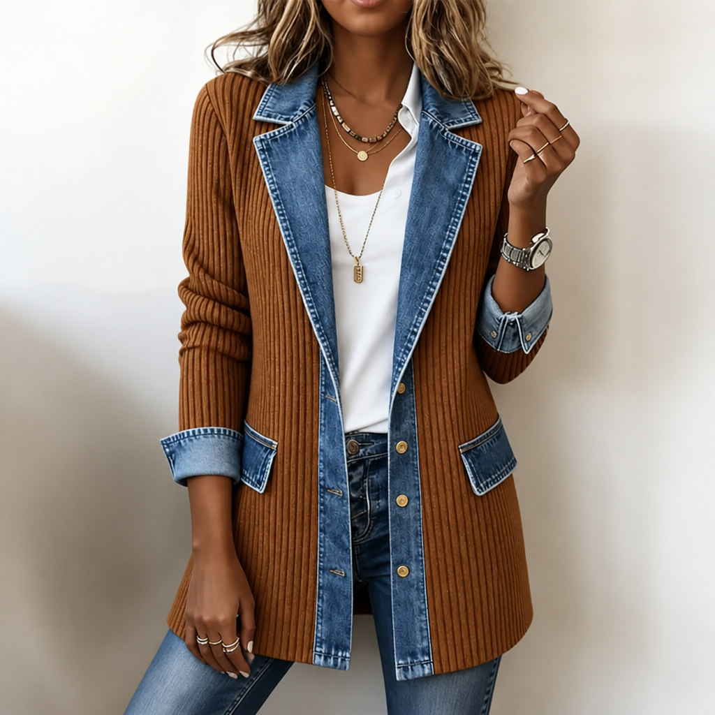 Ribova Ribbed Knit Coat - Women's Denim Panel Long Cardigan