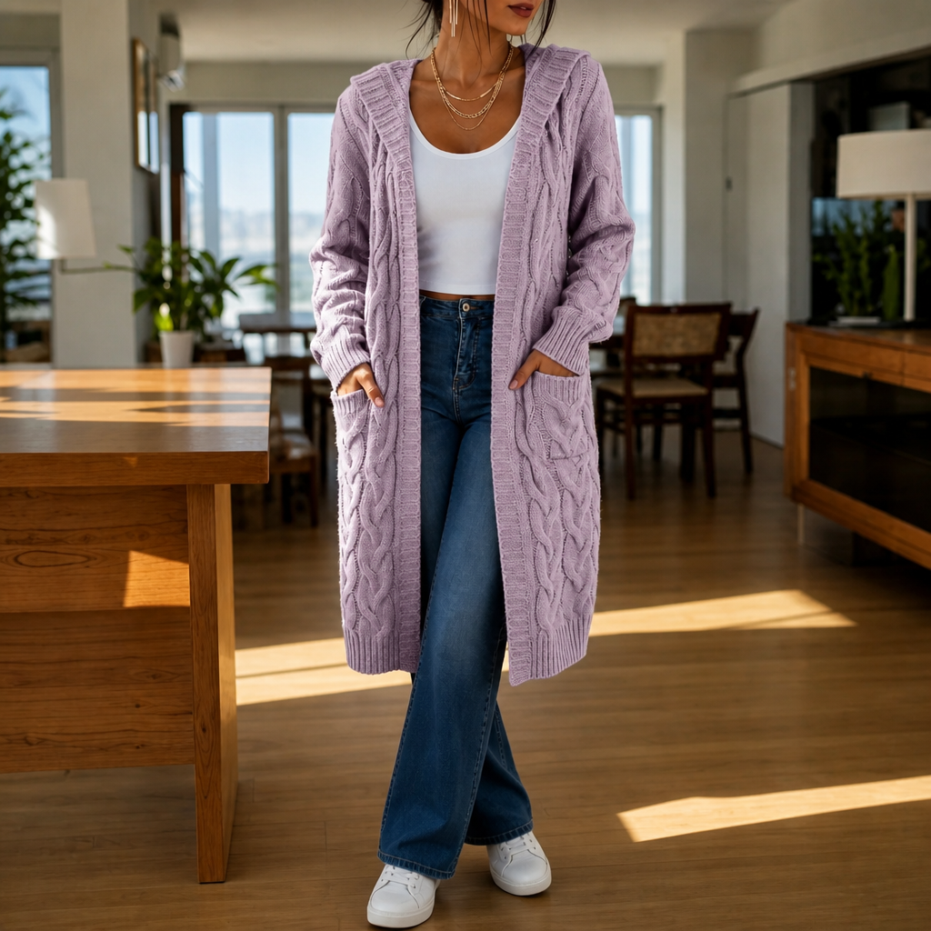 Wrapetta Cable Knit Cardigan - Women's Longline Hooded Knit