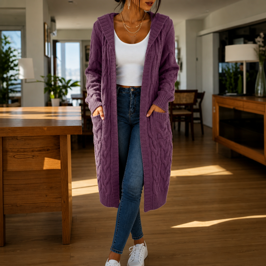 Wrapetta Cable Knit Cardigan - Women's Longline Hooded Knit