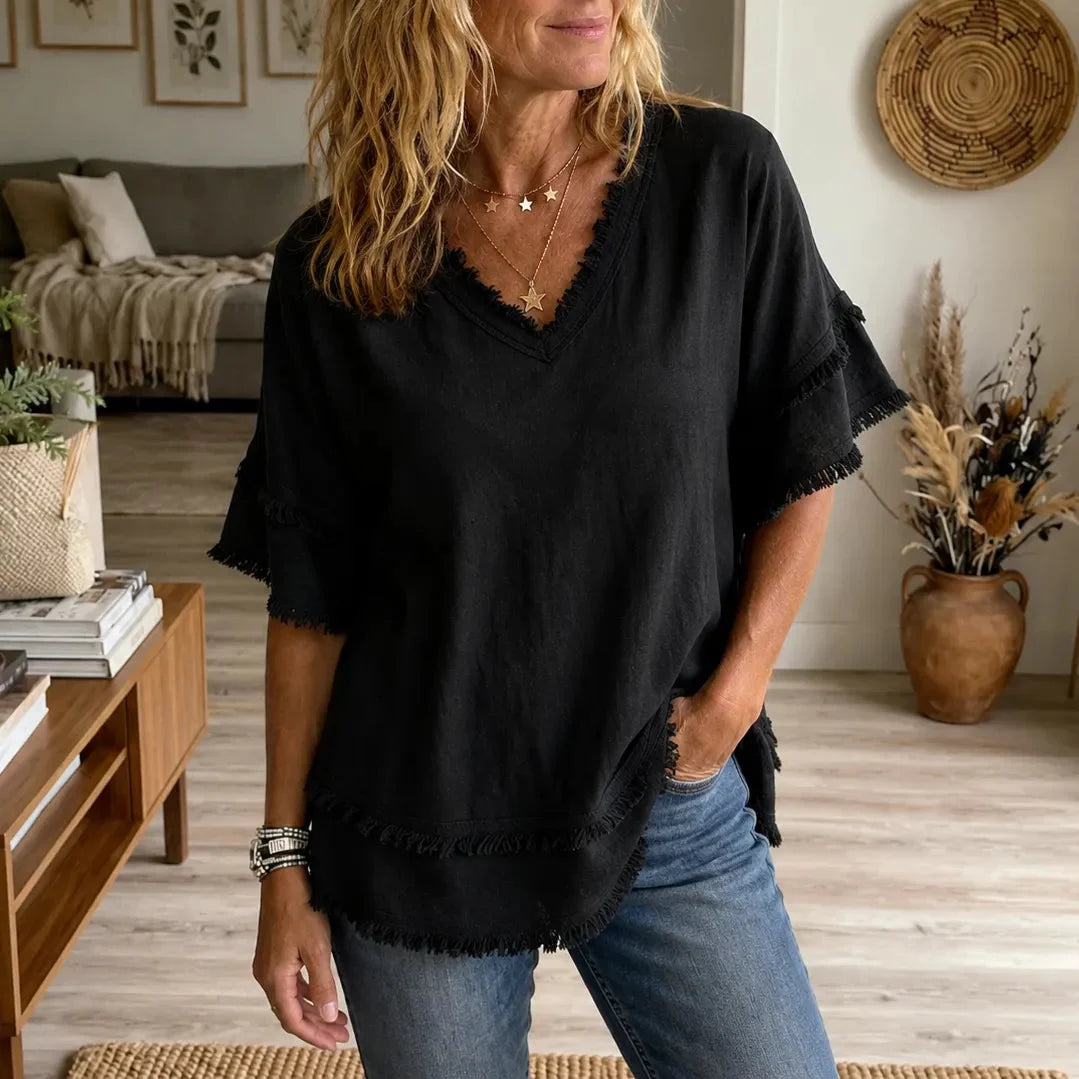 Lorelei - Boho Frayed-Trim V-Neck Women's Tee, Loose Fit