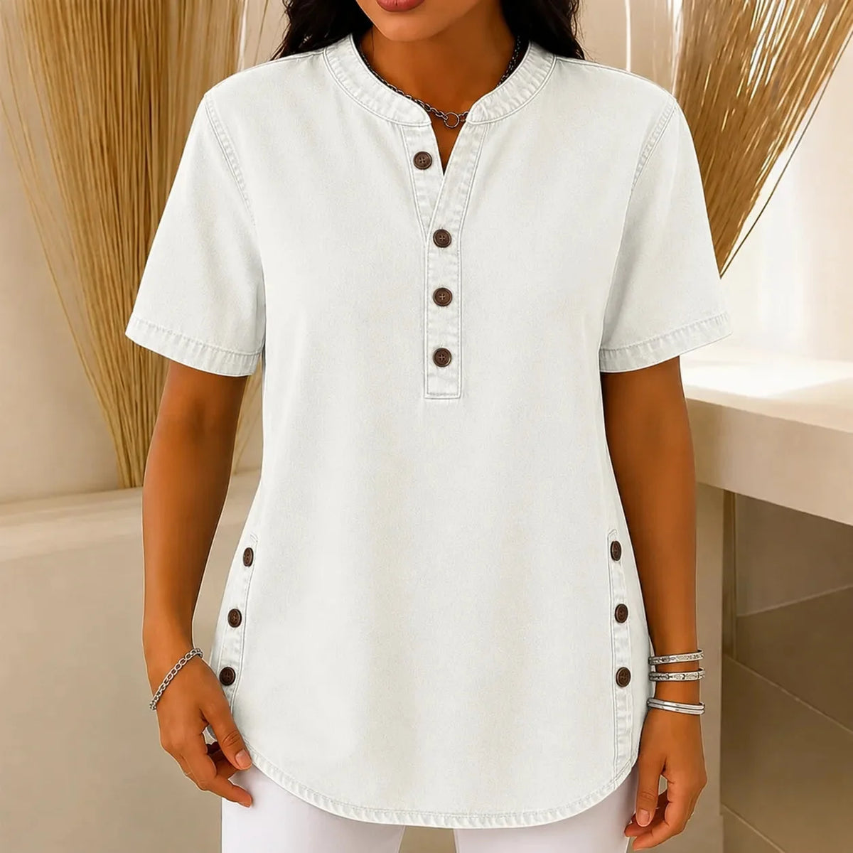 Avelyn - Henley Tunic Top with Side Buttons for Women