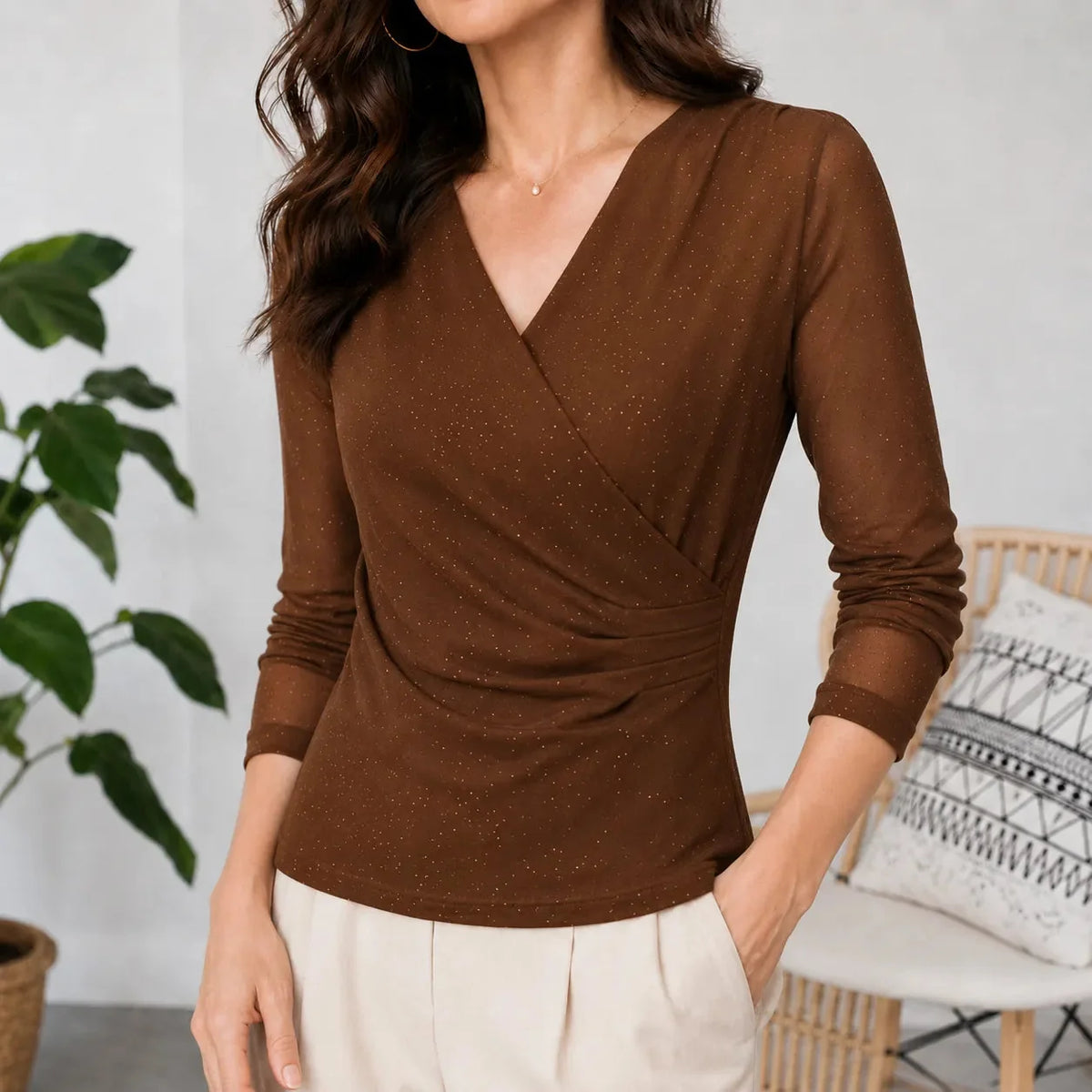 Solavia Sparkle Top - Women's Ruched V-Neck Mesh Top