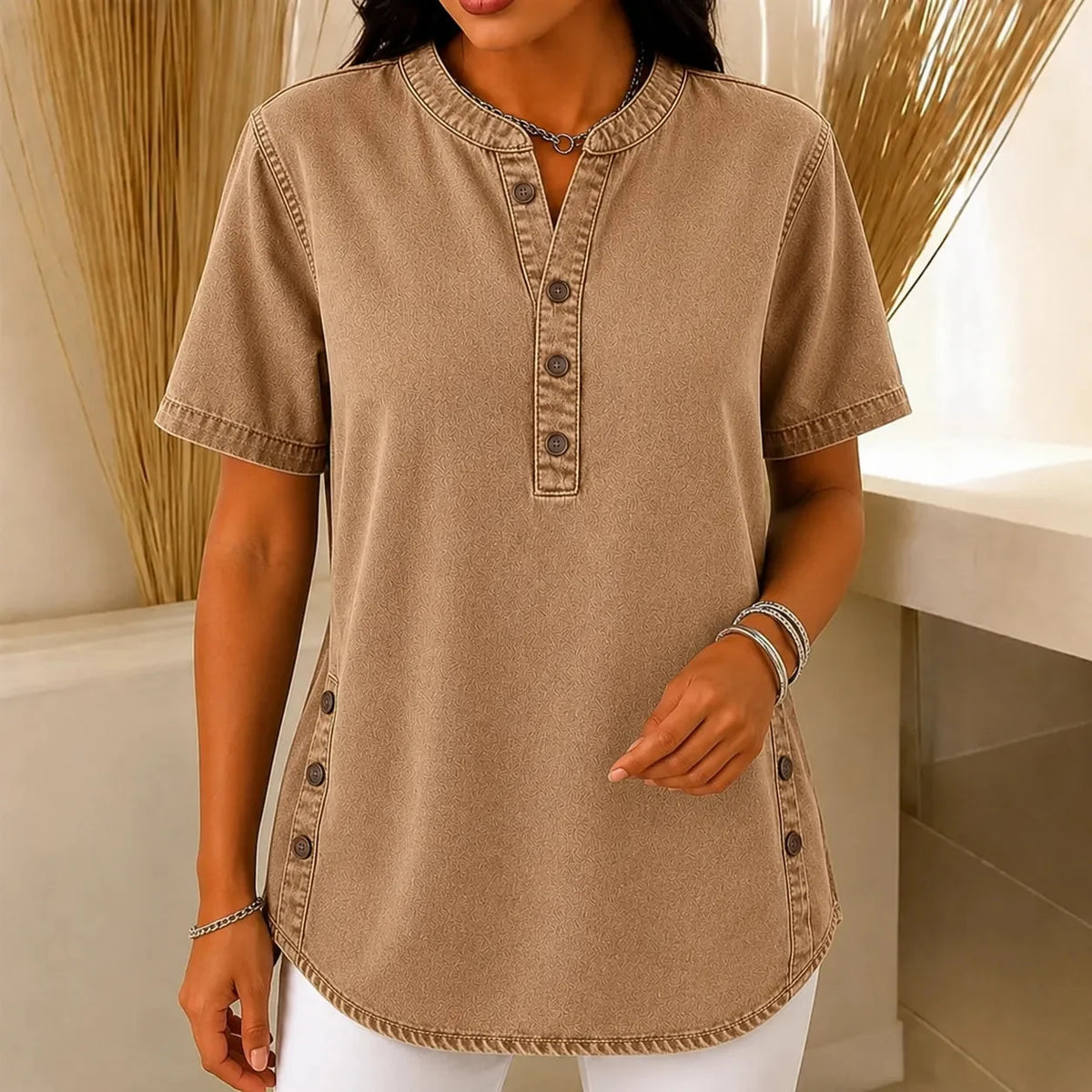 Avelyn - Henley Tunic Top with Side Buttons for Women