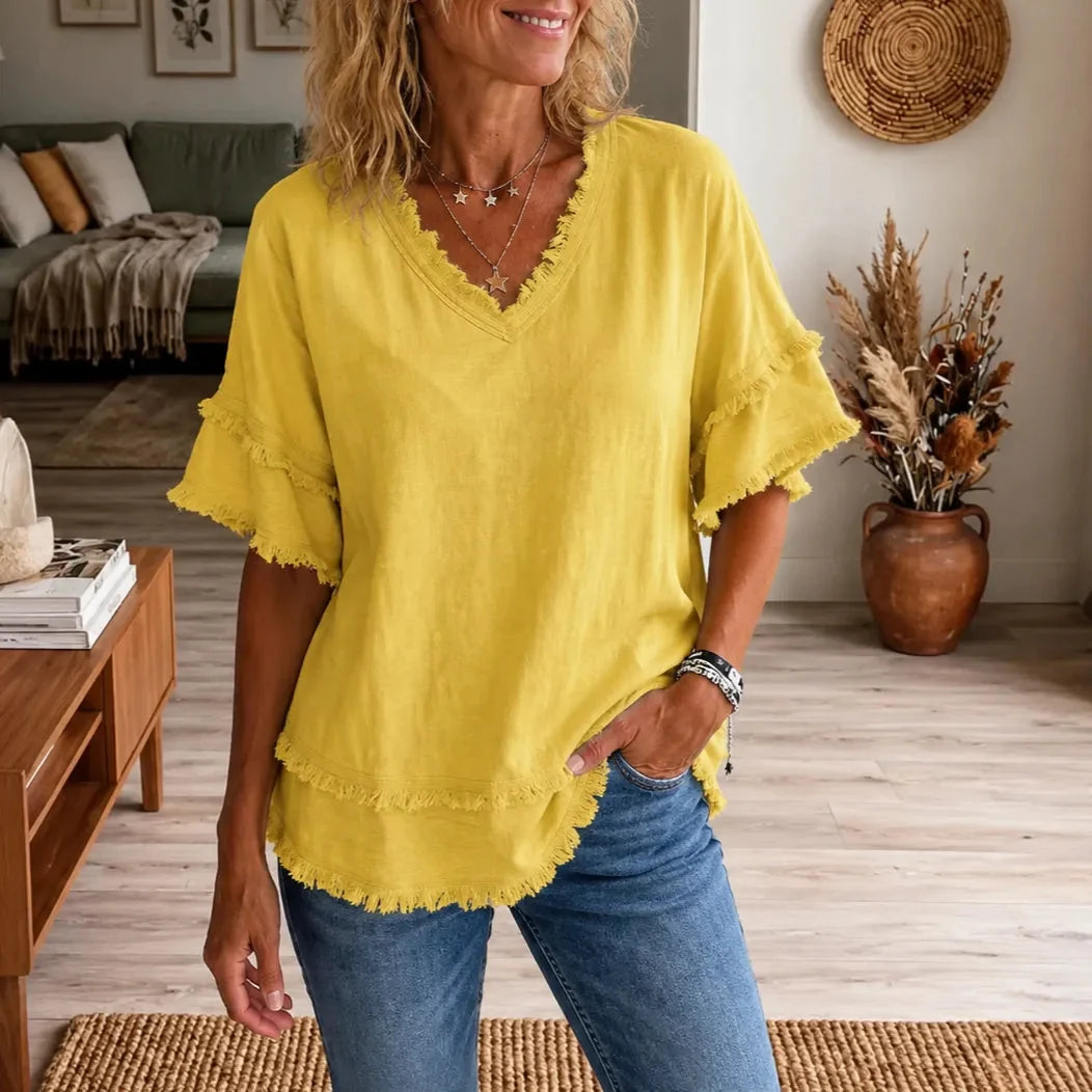 Lorelei - Boho Frayed-Trim V-Neck Women's Tee, Loose Fit