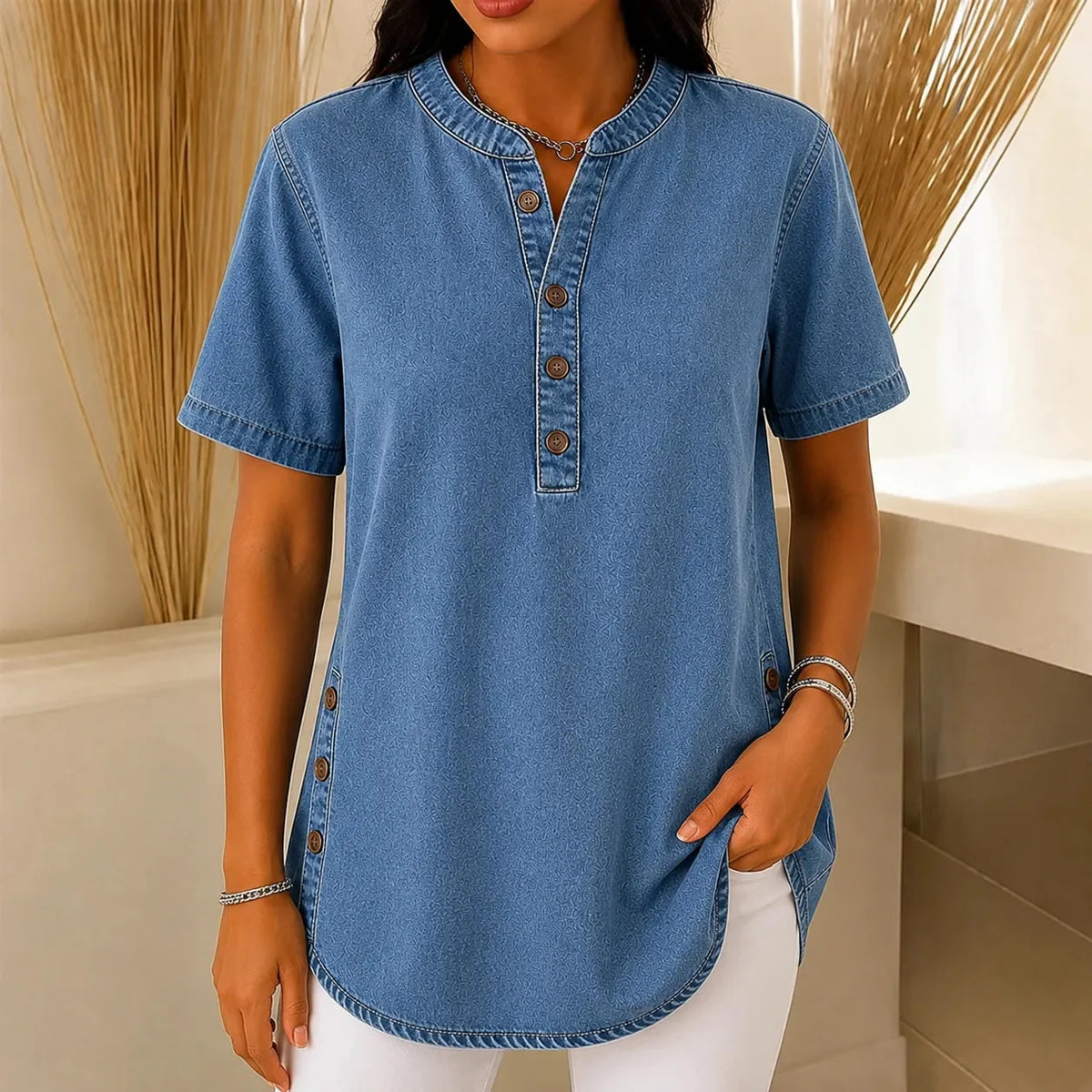 Avelyn - Henley Tunic Top with Side Buttons for Women