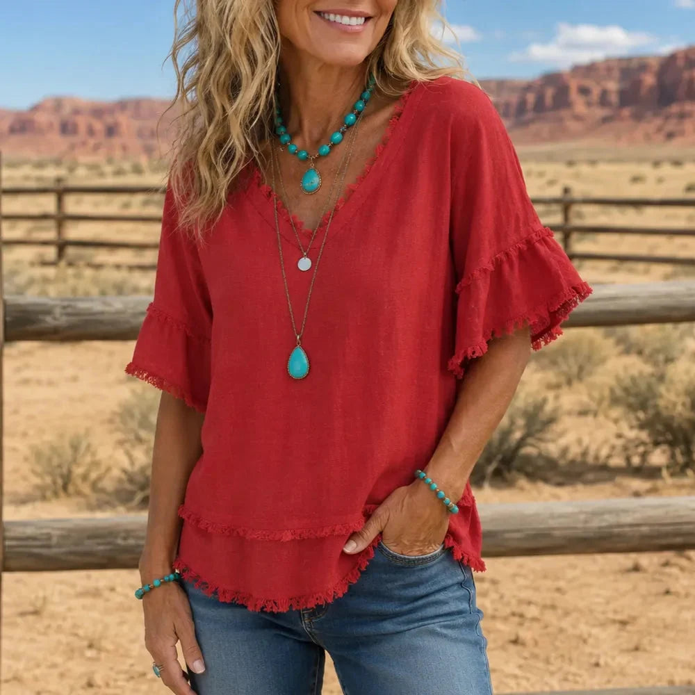 Lorelei - Boho Frayed-Trim V-Neck Women's Tee, Loose Fit