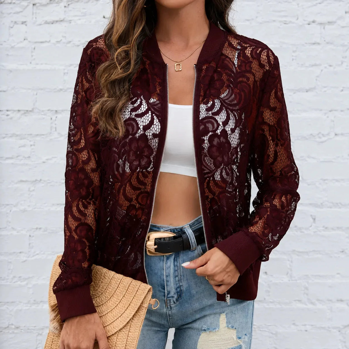 Lacelle Lace Bomber Jacket - Women's Floral Zip Up Jacket