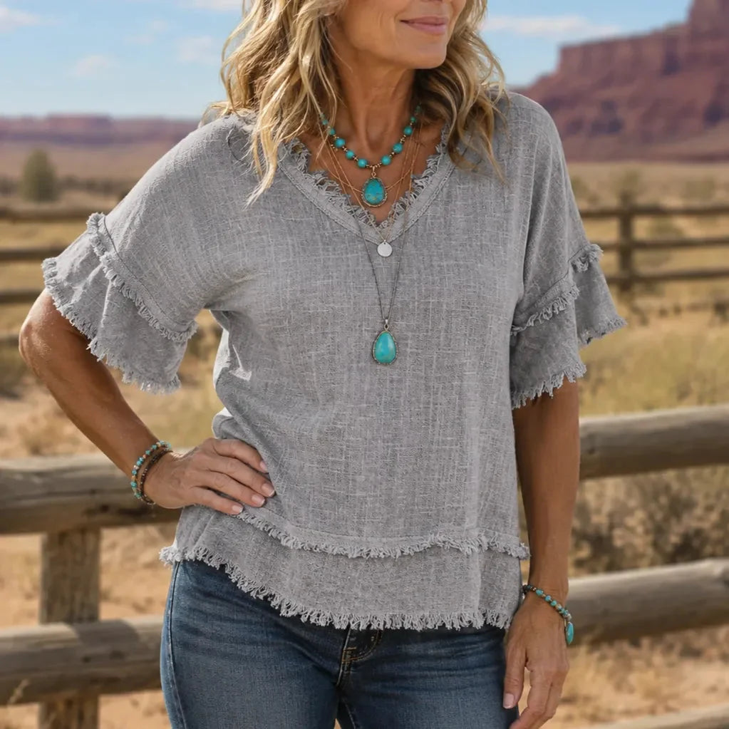 Lorelei - Boho Frayed-Trim V-Neck Women's Tee, Loose Fit