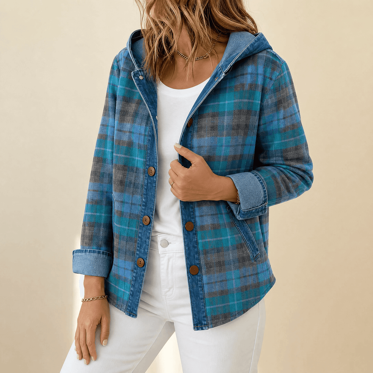 Weslyn Plaid Hooded Jacket - Women's Denim Trim Shacket