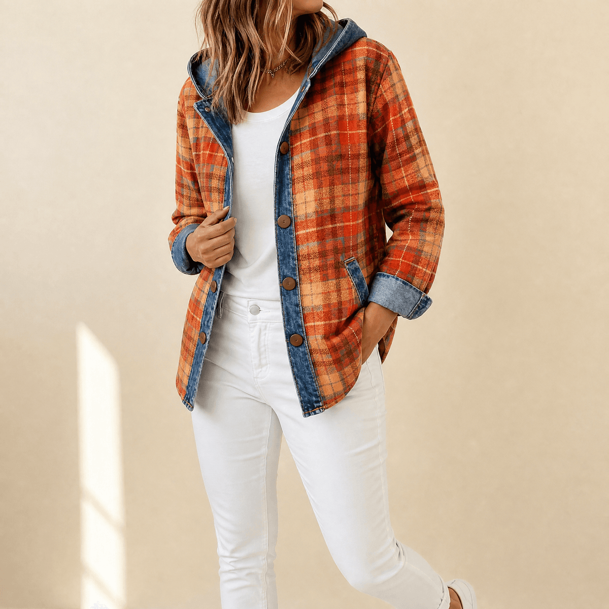 Weslyn Plaid Hooded Jacket - Women's Denim Trim Shacket