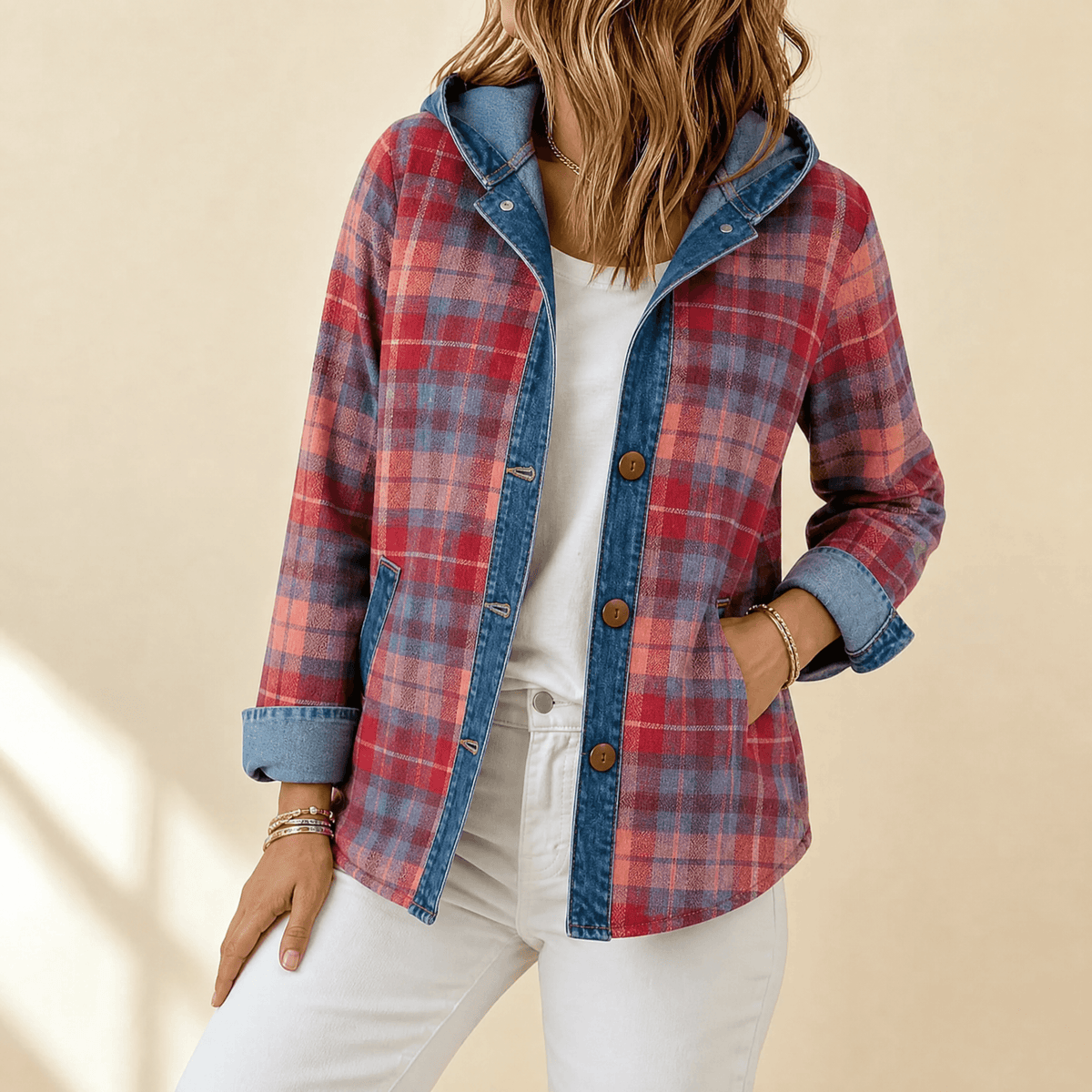 Weslyn Plaid Hooded Jacket - Women's Denim Trim Shacket