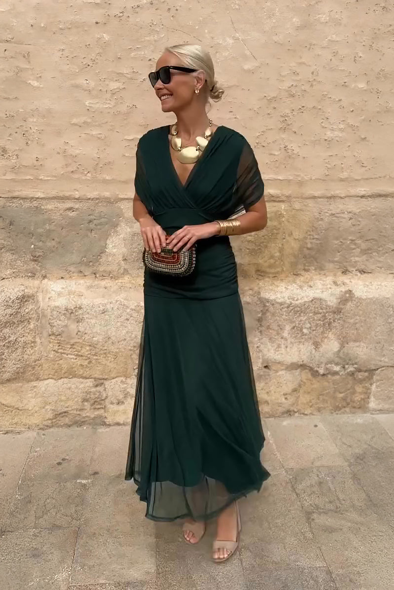 Gradient Pleated Maxi Dress - Women's V-Neck Dress
